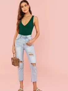 SHEIN Essnce 女性v領純色簡約背心,適用於夏季 - 墨綠色 - 查看 3