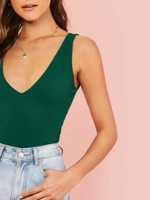 SHEIN Essnce 女性v領純色簡約背心,適用於夏季 - 墨綠色 - 查看 4