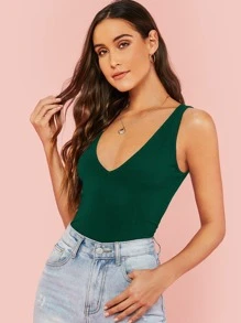 SHEIN Essnce 女性v領純色簡約背心,適用於夏季 - 墨綠色 - 查看 5