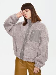 ZIAI Zip Pocket Drop Shoulder Teddy Jacket - Grey - View 5