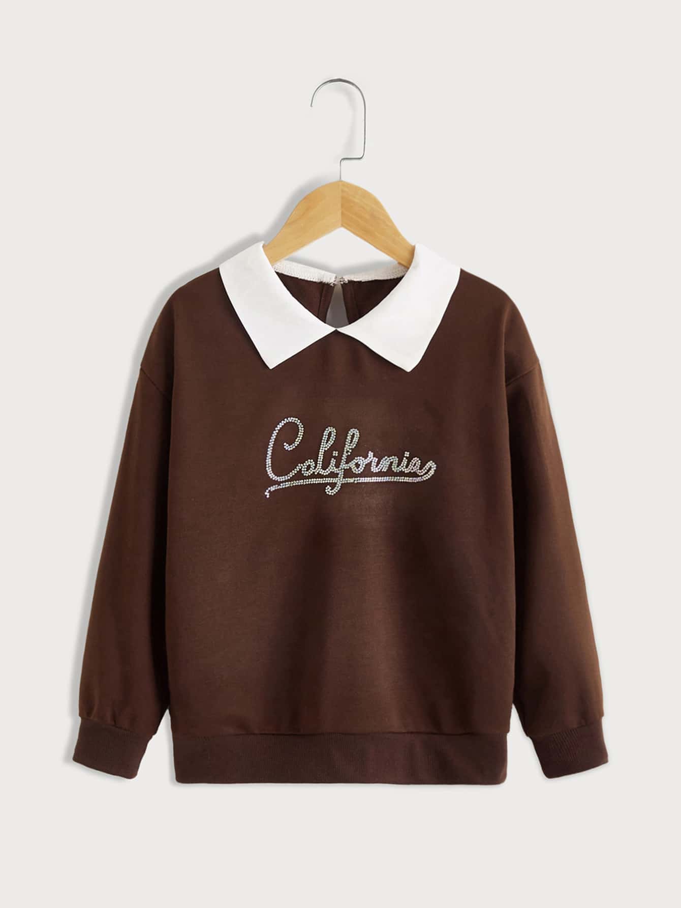 女孩拼接領水鑽字母運動衫 - 咖啡棕 - 查看 1
