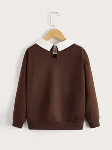 女孩拼接領水鑽字母運動衫 - 咖啡棕 - 查看 2