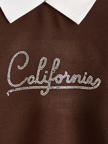 女孩拼接領水鑽字母運動衫 - 咖啡棕 - 查看 4