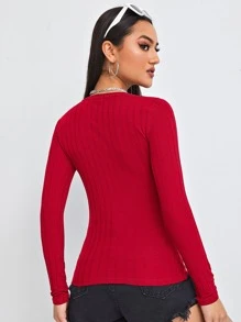 SHEIN Essnce 按壓紐扣半開襟羅紋針織T恤 - 紅色 - 查看 2