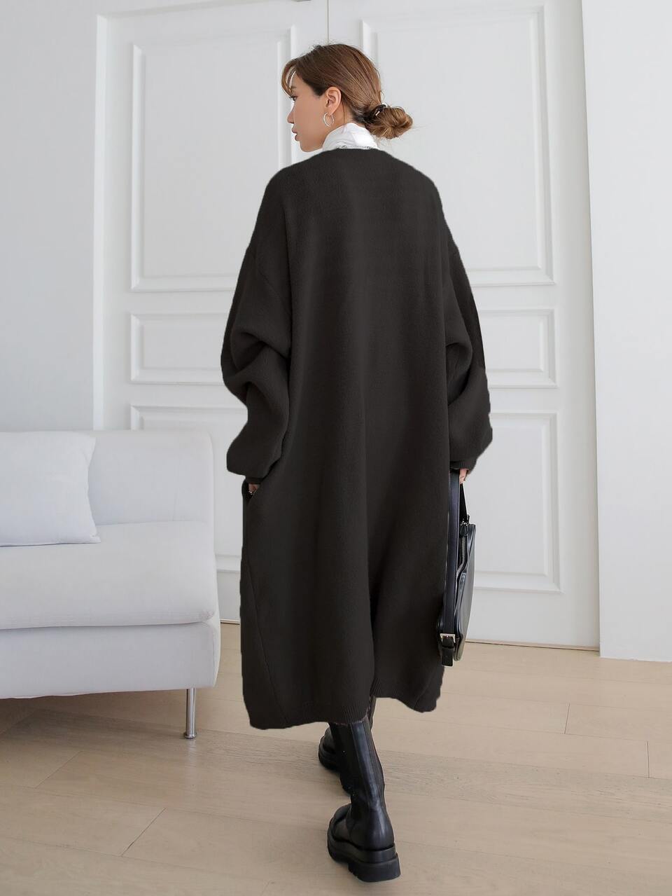 Women's Black Winter Longline Cardigan,Drop Shoulder Regular Fit Plain Long Sleeve Tops,Effortless Chic Everyday Basic Casual Ladies Late Fall Wear