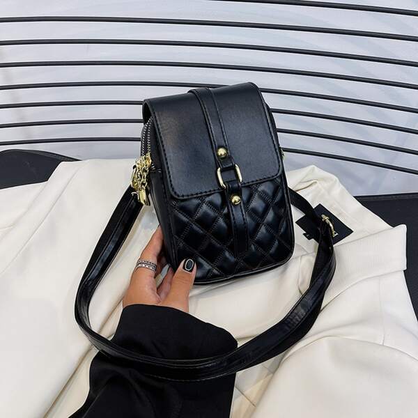 

Quilted Embossed Flap Square Bag, Black