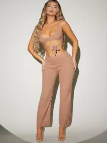 繫帶短款上衣和闊腿長褲套裝 - 杏色 - 查看 3