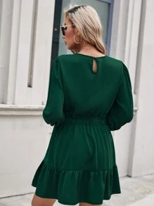 SHEIN LUNE Đầm vải thu có viền bèo nhún khoét lỗ khóa lưng trơn dành cho nữ - Màu xanh lá cây đậm - Xem 2