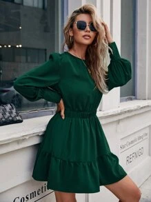 SHEIN LUNE Đầm vải thu có viền bèo nhún khoét lỗ khóa lưng trơn dành cho nữ - Màu xanh lá cây đậm - Xem 3