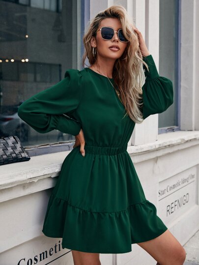 SHEIN LUNE Vestido con detalle de botones, abertura en la espalda y volantes en el bajo para mujer, ropa de otoño