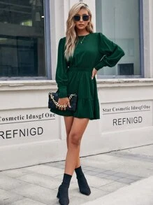 SHEIN LUNE Đầm vải thu có viền bèo nhún khoét lỗ khóa lưng trơn dành cho nữ - Màu xanh lá cây đậm - Xem 4