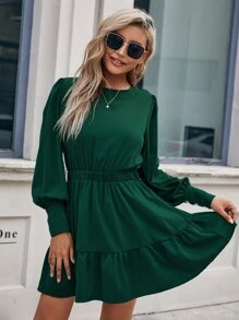 SHEIN LUNE Đầm vải thu có viền bèo nhún khoét lỗ khóa lưng trơn dành cho nữ - Màu xanh lá cây đậm - Xem 5