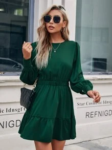 SHEIN LUNE Đầm vải thu có viền bèo nhún khoét lỗ khóa lưng trơn dành cho nữ - Màu xanh lá cây đậm - Xem 6