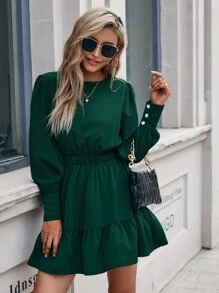 SHEIN LUNE Đầm vải thu có viền bèo nhún khoét lỗ khóa lưng trơn dành cho nữ - Màu xanh lá cây đậm - Xem 7