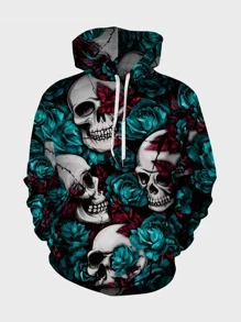 Manfinity LEGND Men Rose & Skull Print Kangaroo Pocket Drawstring Hoodie - Multicolor - View 1