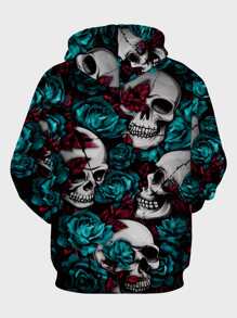 Manfinity LEGND Men Rose & Skull Print Kangaroo Pocket Drawstring Hoodie - Multicolor - View 2