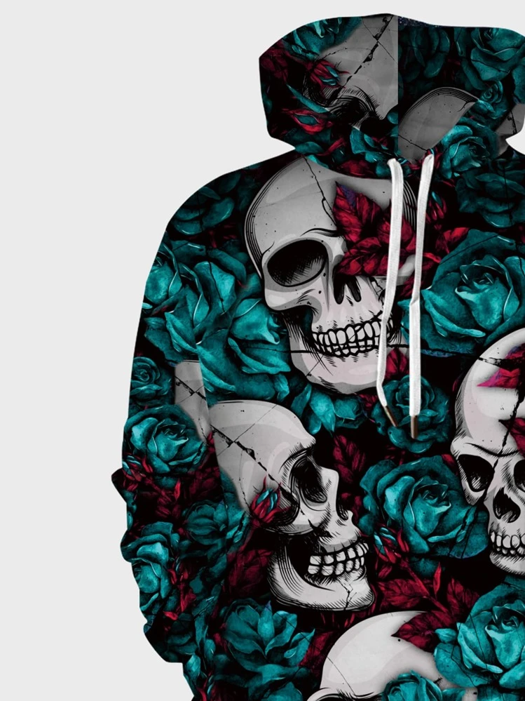 Manfinity LEGND Men Rose & Skull Print Kangaroo Pocket Drawstring Hoodie - Multicolor - View 4