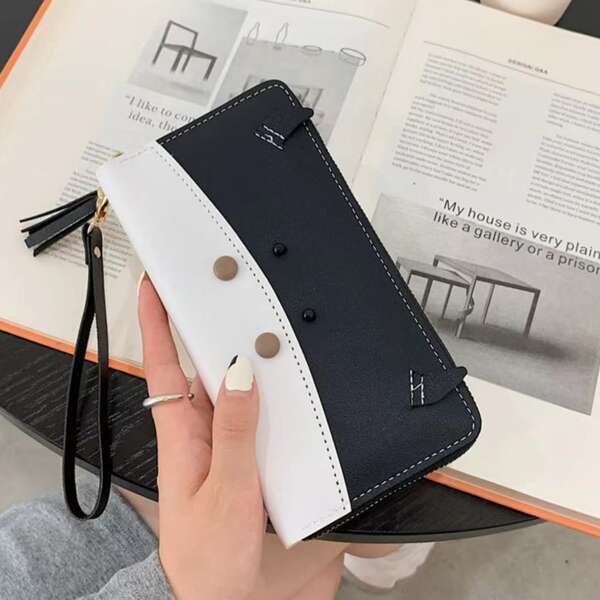 

Two Tone Button Decor Long Wallet, Black and white