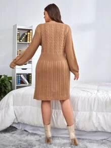 SHEIN Unity Plus Cable Knit Eyelet Detail Sweater Dress - Khaki - View 2