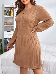 SHEIN Unity Plus Cable Knit Eyelet Detail Sweater Dress - Khaki - View 5