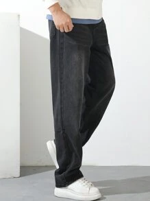 Quần Jeans Nam Túi Denim mùa giặt màu trơn - Màu xám đen - Xem 4