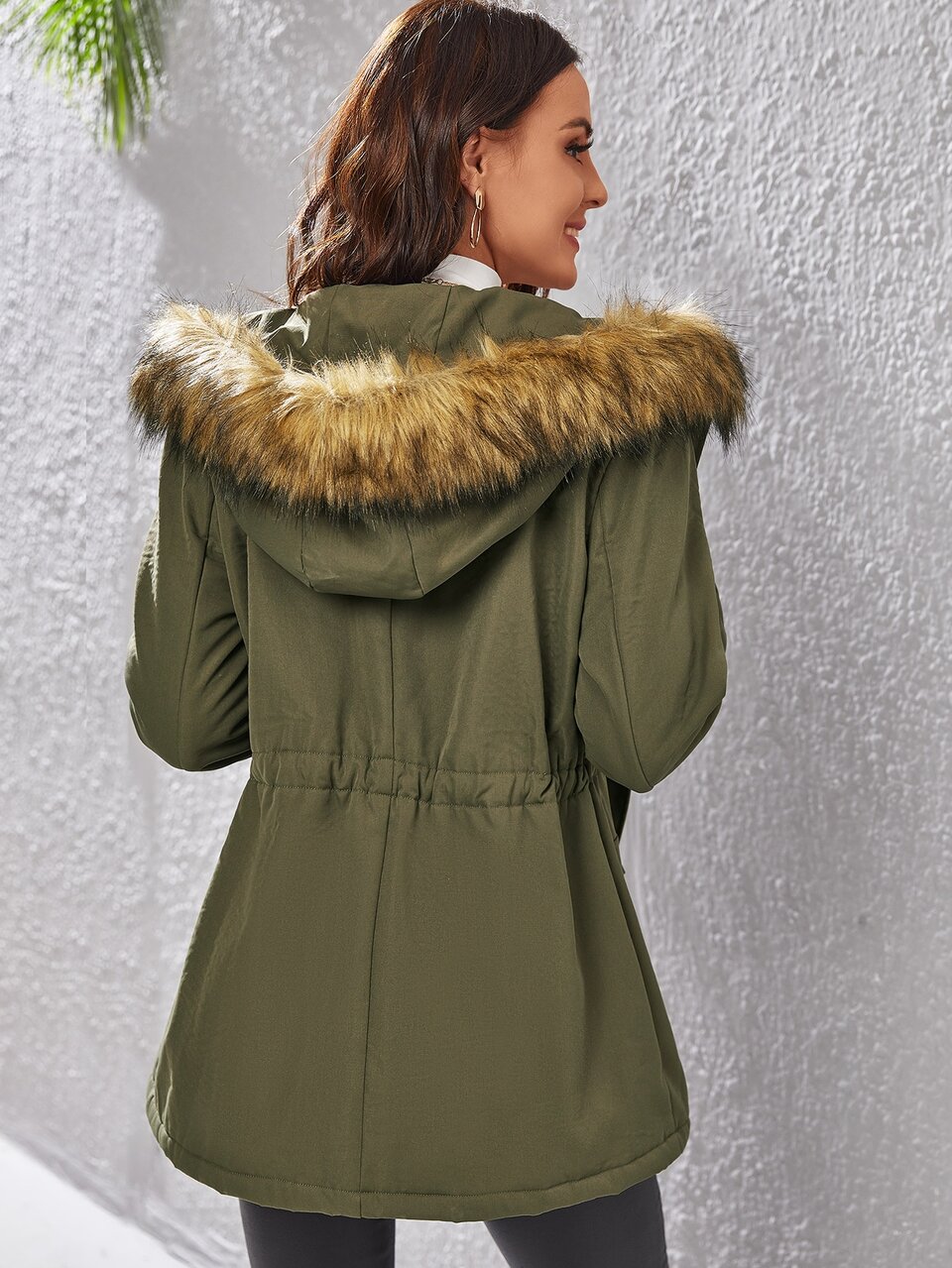 Flap Pocket Fuzzy Trim Hooded Parka Padded Coat Clothes Winter