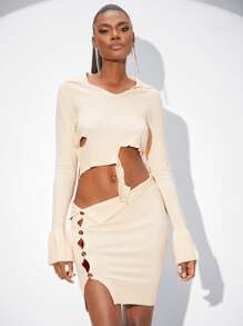 SHEINNeu Áo len nữ kết hợp màu trơn Gợi cảm - Màu be - Xem 1