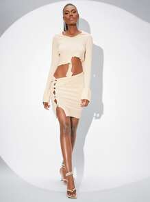 SHEINNeu Áo len nữ kết hợp màu trơn Gợi cảm - Màu be - Xem 3