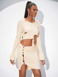 SHEINNeu Áo len nữ kết hợp màu trơn Gợi cảm - Màu be - Xem 5