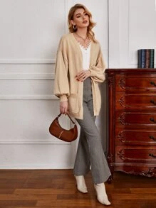 SHEIN Cárdigan con parte delantera abierta con bolsillo - Albaricoque - Ver 3