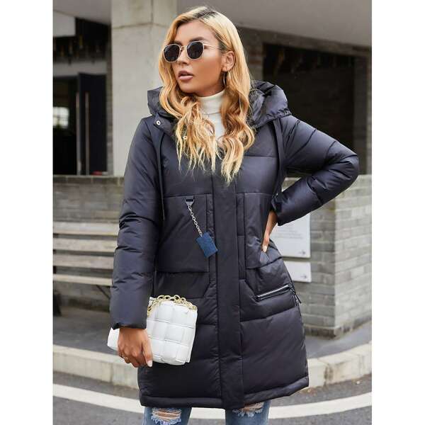 

Slant Pocket Zipper Up Drawstring Hooded Winter Coat, Navy blue