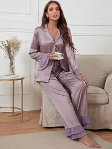 Bộ đồ ngủ Nữ Xếp li Xù Viên lá sen phân lớp Nút phía trước màu trơn Đơn giản - Bụi tím - Xem 1