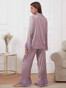 Bộ đồ ngủ Nữ Xếp li Xù Viên lá sen phân lớp Nút phía trước màu trơn Đơn giản - Bụi tím - Xem 2