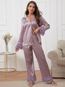 Bộ đồ ngủ Nữ Xếp li Xù Viên lá sen phân lớp Nút phía trước màu trơn Đơn giản - Bụi tím - Xem 3