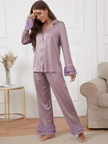 Bộ đồ ngủ Nữ Xếp li Xù Viên lá sen phân lớp Nút phía trước màu trơn Đơn giản - Bụi tím - Xem 4