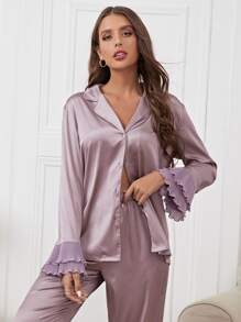 Bộ đồ ngủ Nữ Xếp li Xù Viên lá sen phân lớp Nút phía trước màu trơn Đơn giản - Bụi tím - Xem 5