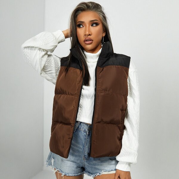 

Two Tone Zip Up Puffer Vest Coat, Multicolor