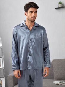 男士拼接滾邊緞面襯衫和長褲睡衣套裝 - 霧霾藍 - 查看 3