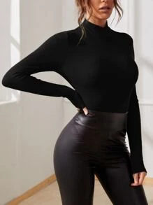 SHEIN SXY Solid Mock Neck Rib-knit Bodysuit - Black - View 5