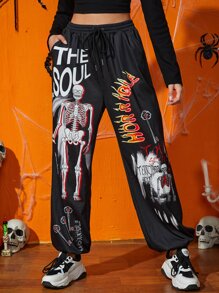 SHEIN Drawstring Waist Letter & Skull Pattern Joggers - Black - View 1