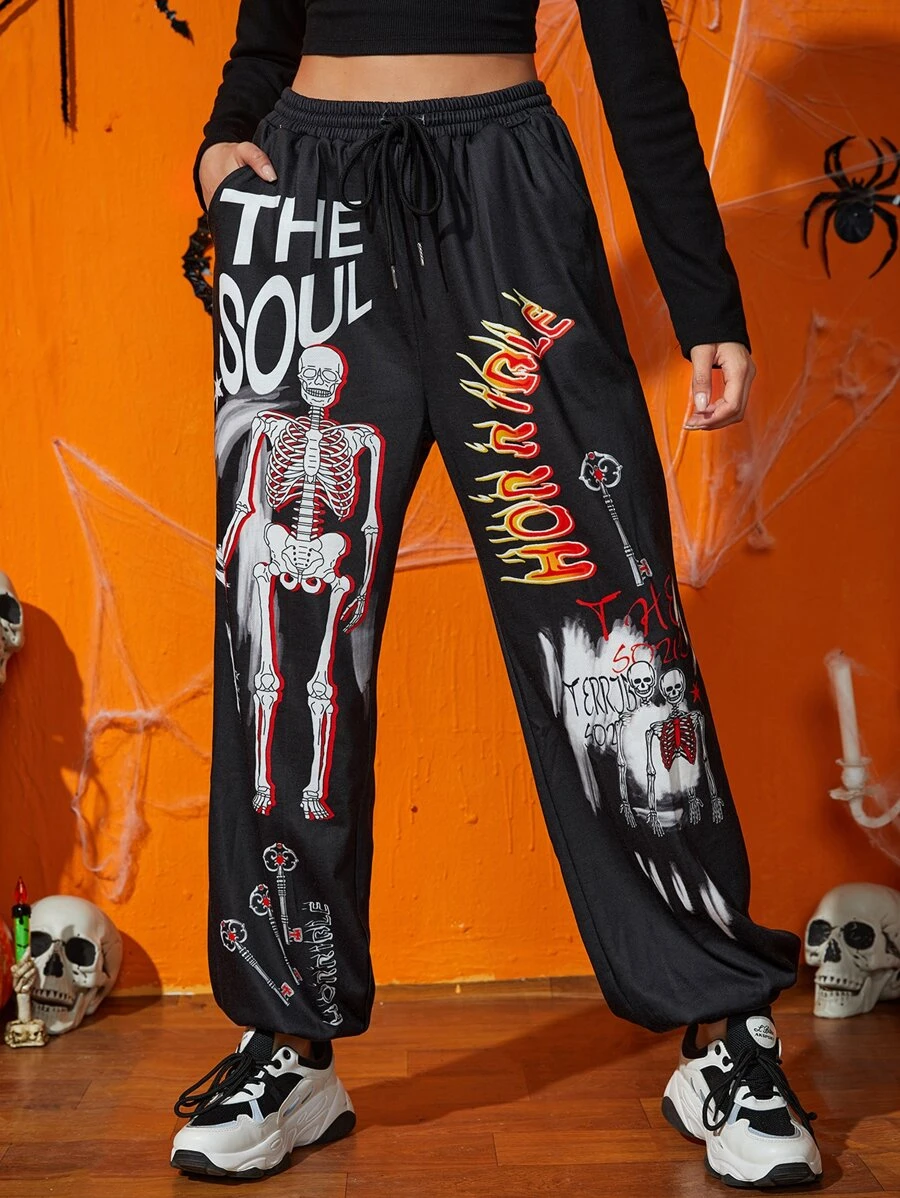 SHEIN Drawstring Waist Letter & Skull Pattern Joggers - Black - View 1