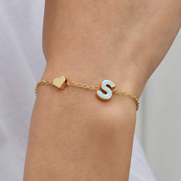 

Heart & Letter Decor Bracelet, Gold