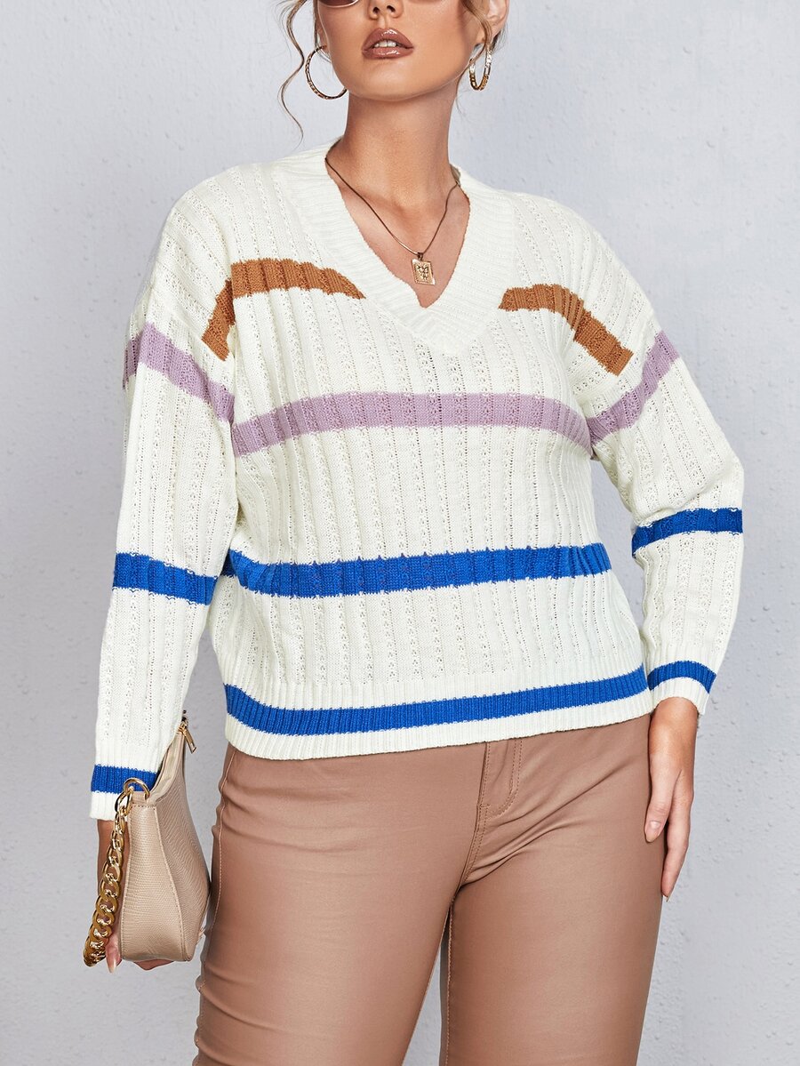 Calvaya Áo len Plus Size Sọc Giải trí - Nhiều màu - Xem 1