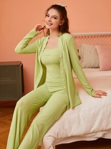 SHEIN Unity Button Front Robe & Cami Top & Pants PJ Set - Lime Green - View 1