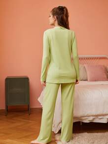 SHEIN Unity Button Front Robe & Cami Top & Pants PJ Set - Lime Green - View 2