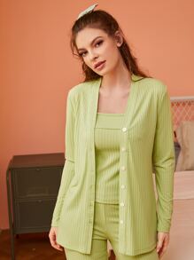 SHEIN Unity Button Front Robe & Cami Top & Pants PJ Set - Lime Green - View 4