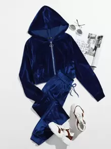 Muchica O-ring Zip Up Velvet Hoodie & Joggers Set - Navy Blue - View 1