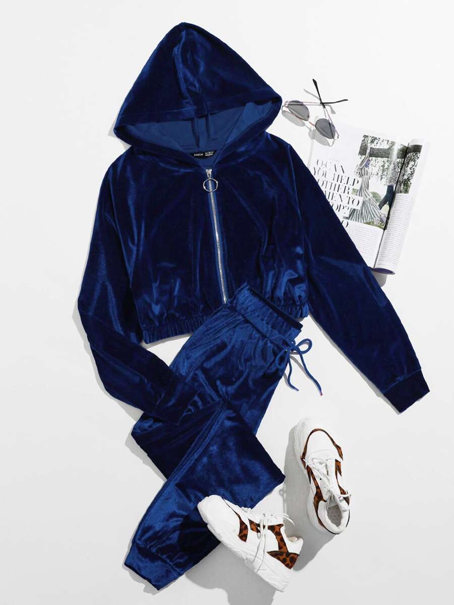 Muchica O-ring Zip Up Velvet Hoodie & Joggers Set - Navy Blue - View 1