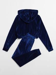 Muchica O-ring Zip Up Velvet Hoodie & Joggers Set - Navy Blue - View 2