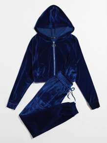 Muchica O-ring Zip Up Velvet Hoodie & Joggers Set - Navy Blue - View 3